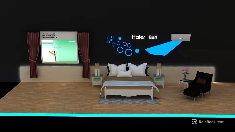 Modern Bedroom Interior With Haier Wall Decor Bed Nightstands And Curtains 3d model 
