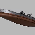 Detailed Vintage Warship Model With Multiple Turrets Gray Brown Hull Wooden Deck Mast And Chimney