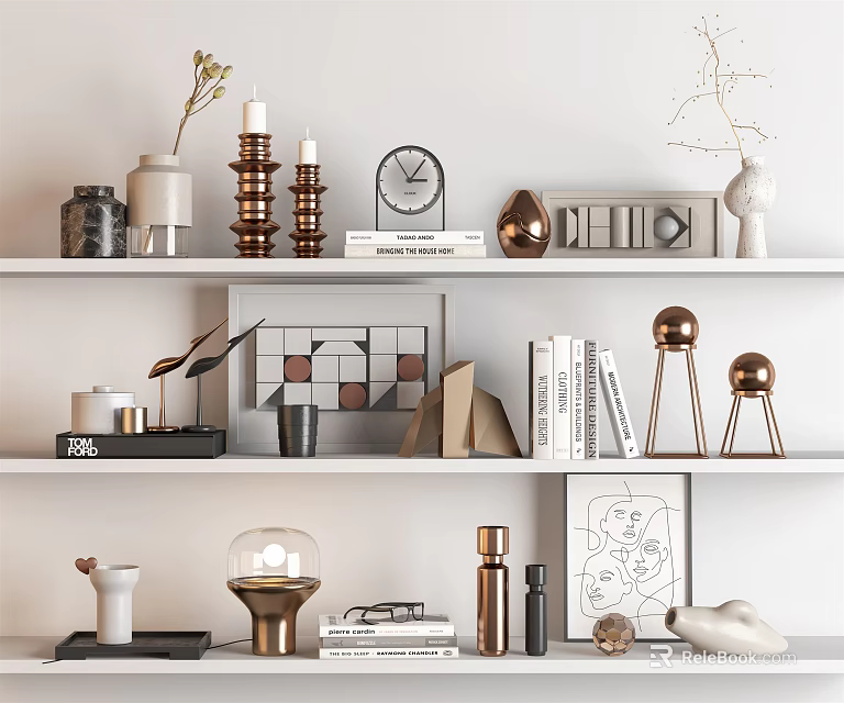 Stylish Decorative Ornament Set on Shelves with Vases Candles Clock Books and Geometric Decor 3d model 