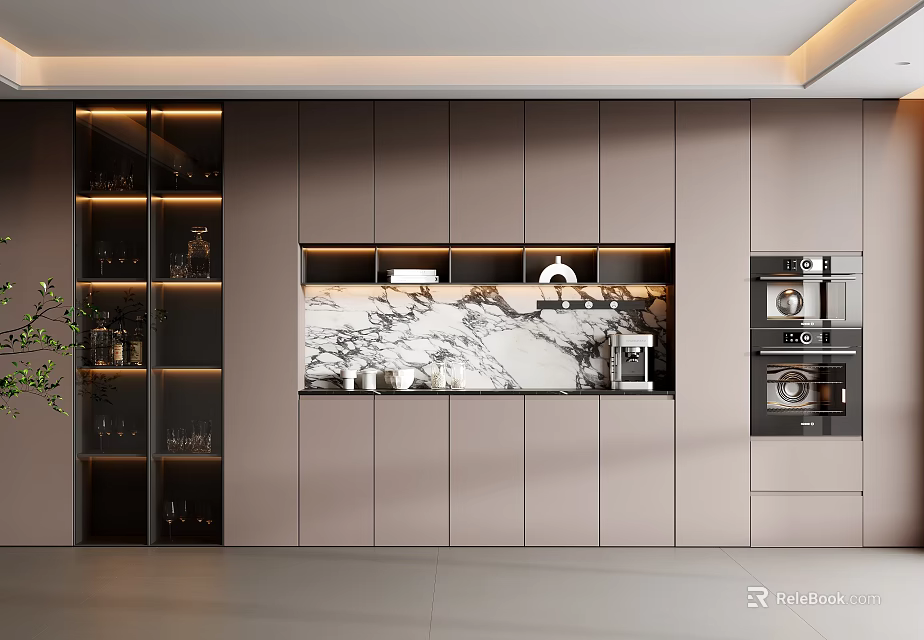 Modern Sideboard Interior Design With Marble Top And Glass Door Storage Cabinets 3d model 