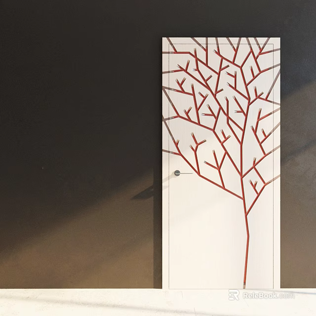 Contemporary Swing Door Design With Red Branch Pattern And White Panel Surface 3d model