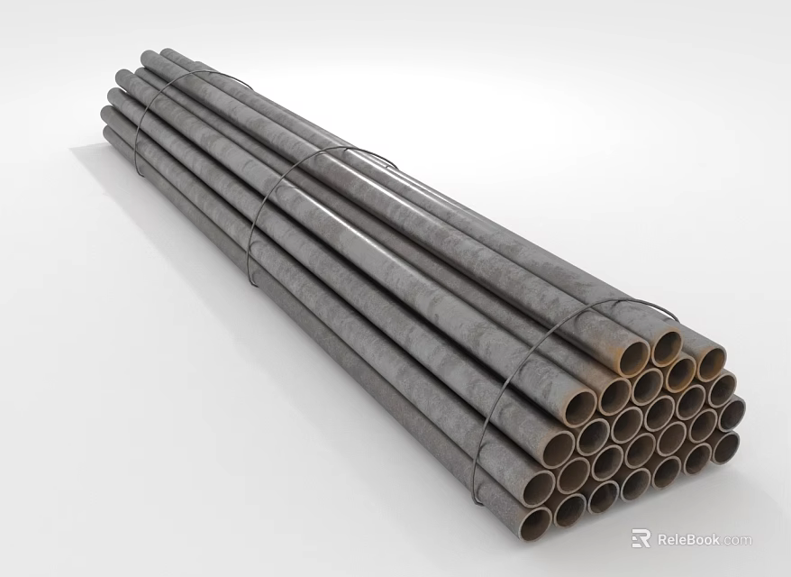 Industrial Steel Pipes Bundled Together In Neatly Stacked Pile On White Surface 3d model 