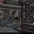 Traditional Chinese Garden Courtyard With Carved Wooden Door Lanterns Rockery And Fountain