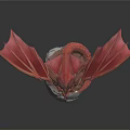 Detailed Mythical Red Dragon Statue With Extended Wings On Cracked Stone