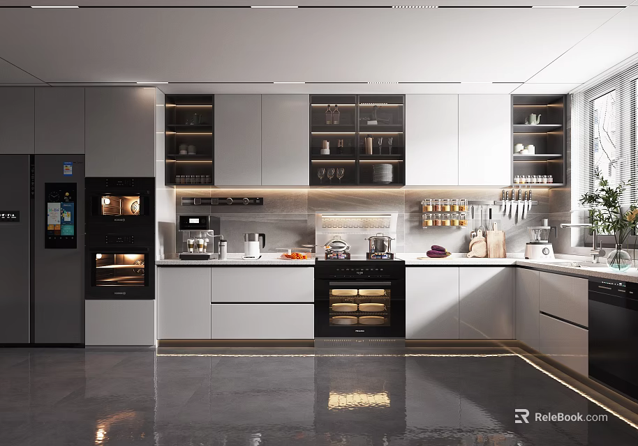 Modern Kitchen Interior Design With Gray Cabinets Built-in Appliances And Clean Countertop 3d model 