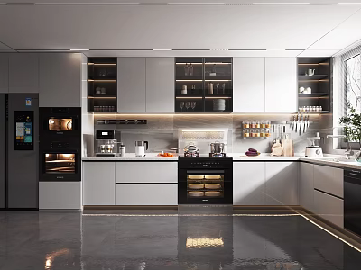Modern Kitchen Interior Design With Gray Cabinets Built-in Appliances And Clean Countertop 3d model