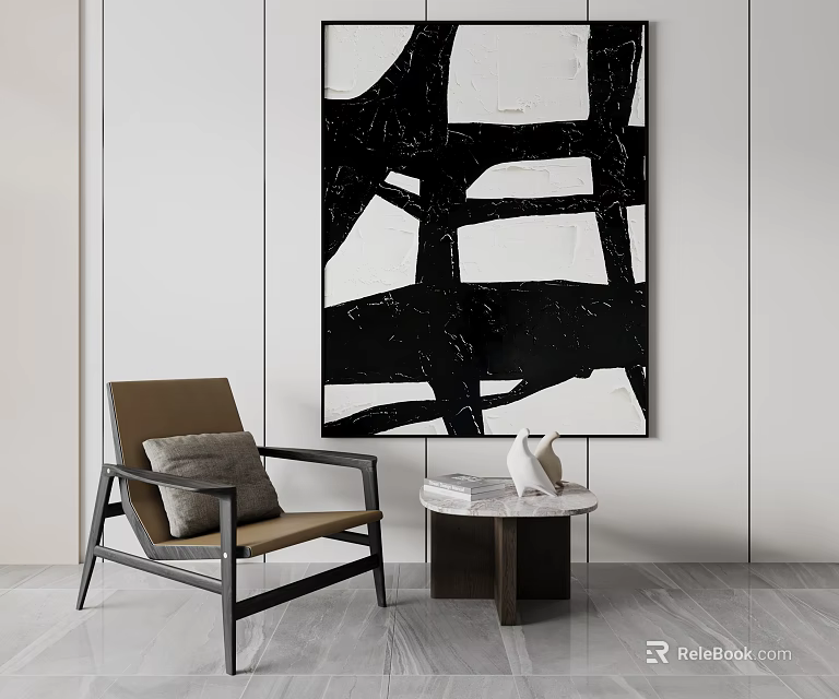Modern Interior With Large Black White Abstract Painting Chair And Side Table 3d model 
