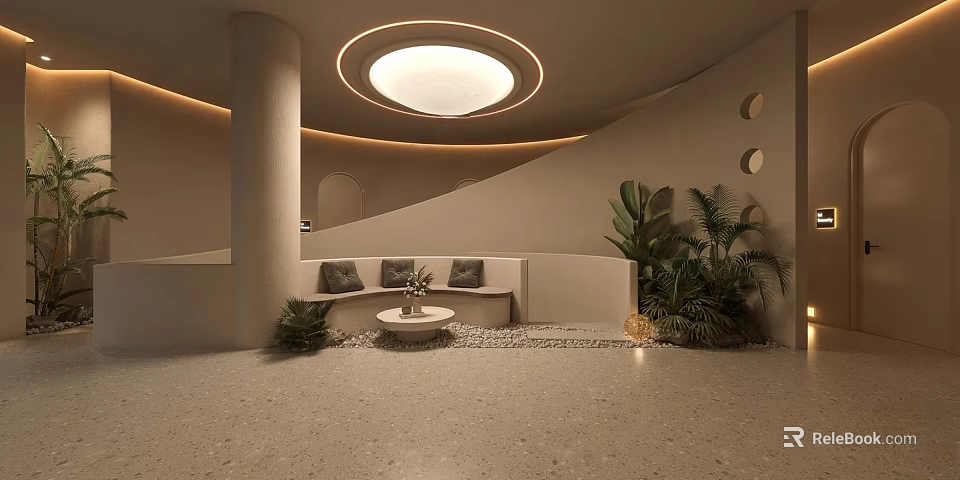 Modern Beauty Hair Salon Interior With Curved Walls Round Light Cozy Sofa And Green Plants 3d model 