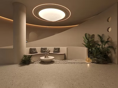 Modern Beauty Hair Salon Interior With Curved Walls Round Light Cozy Sofa And Green Plants 3d model