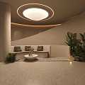 Modern Beauty Hair Salon Interior With Curved Walls Round Light Cozy Sofa And Green Plants