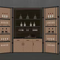 Elegant Modern Wine Cabinet With Glass Doors Layered Shelves Wine Bottles Glasses And Wooden Drawers