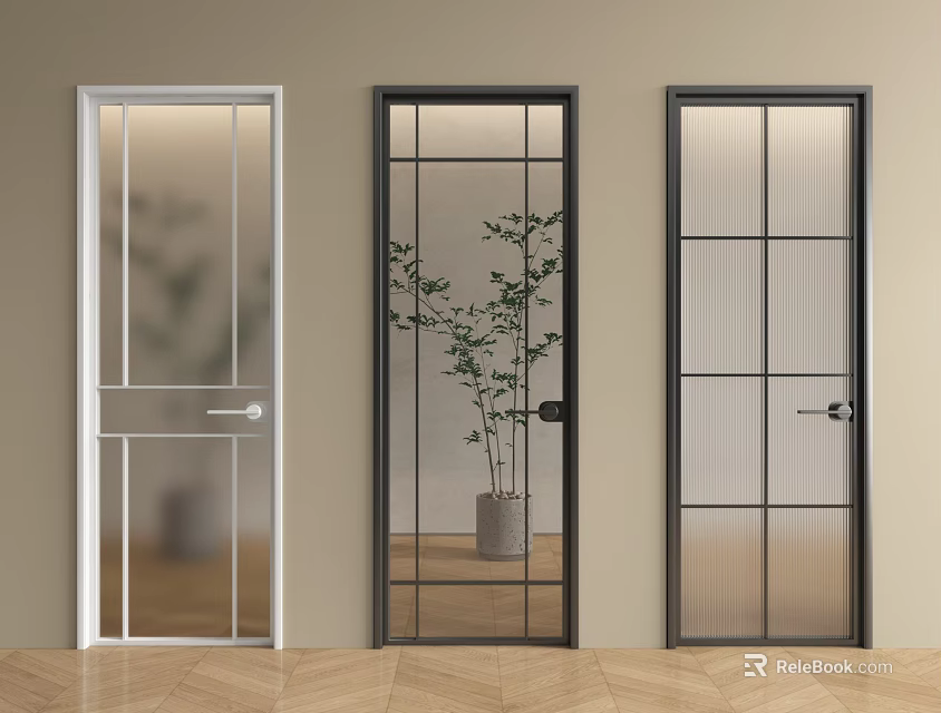 Modern Interior Hinged Doors Featuring Glass Panels And White Black Frames 3d model