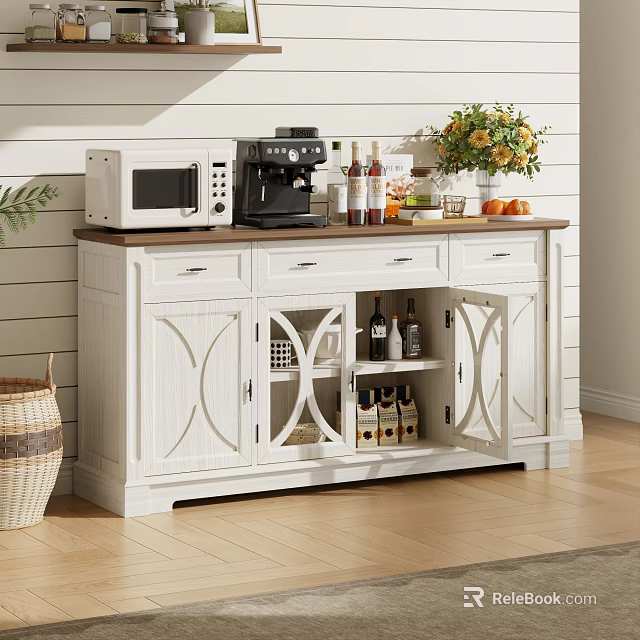 White Sideboard with Cabinet Doors Drawers and Top Storage for Coffee Machine Microwave and Fruits 3d model 