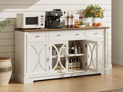 White Sideboard with Cabinet Doors Drawers and Top Storage for Coffee Machine Microwave and Fruits 3d model