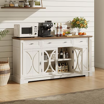 White Sideboard with Cabinet Doors Drawers and Top Storage for Coffee Machine Microwave and Fruits 3d model