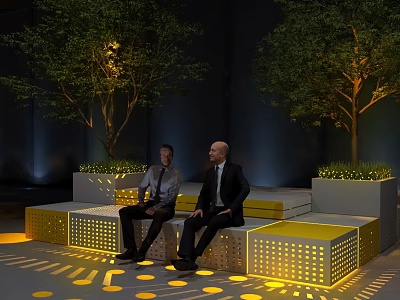 Yellow Public Chairs With Illuminated Design And Trees In Urban Setting 3d model