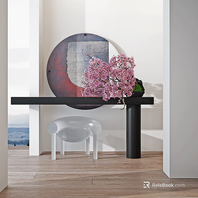 Modern Console Table with Circular Artwork and Pink Flowers and Transparent Chair in Minimalist Interior 3d model 