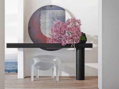 Modern Console Table with Circular Artwork and Pink Flowers and Transparent Chair in Minimalist Interior 3d model