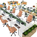 Modern Office Workspace With Office Desks Orange Chairs Computers And Green Plants