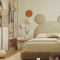 Kids Room With Mickey Mouse Ear Headboard Polka Dot Wall Desk And Blue Stool