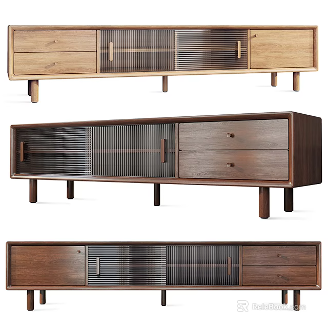 Modern Wooden TV Stand With Slatted Cabinet Doors And Drawer Storage Design 3d model 