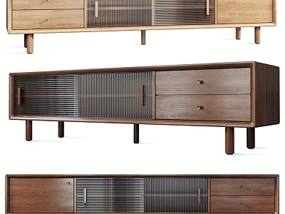 Modern Wooden TV Stand With Slatted Cabinet Doors And Drawer Storage Design 3d model