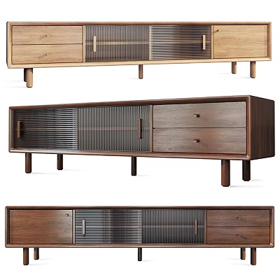 Modern Wooden TV Stand With Slatted Cabinet Doors And Drawer Storage Design 3d model
