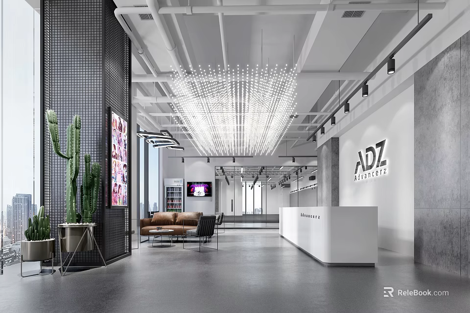 Store Front Desk With ADZ Logo White Counter Chandelier Sofa And Cactus In Spacious Lobby 3d model 