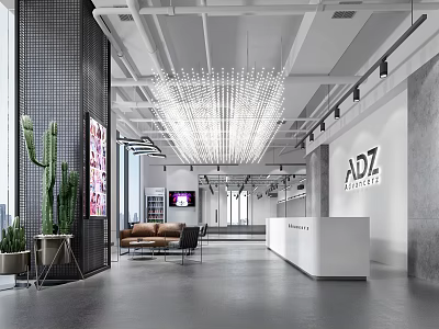Store Front Desk With ADZ Logo White Counter Chandelier Sofa And Cactus In Spacious Lobby 3d model