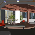 Modern Lounge Area Interior With Colorful Seating Greenery And Curved Ceiling Lighting