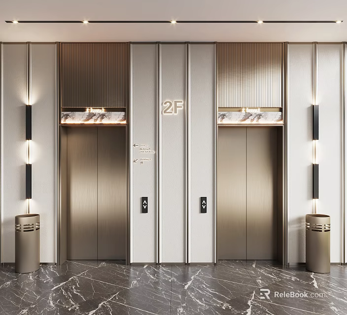 Elegant Elevator Hallway With Brushed Metal Doors 2F Signage And Marble Floor 3d model 