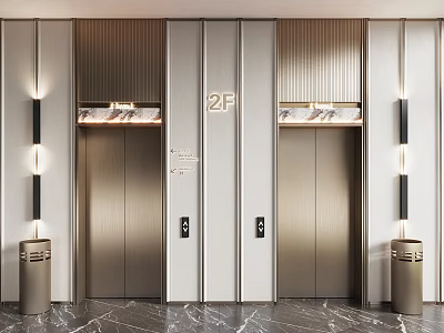 Elegant Elevator Hallway With Brushed Metal Doors 2F Signage And Marble Floor 3d model