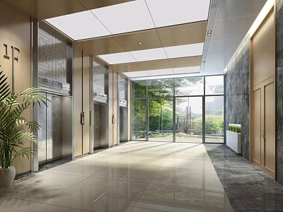 Modern Elevator Hallway Interior Design With Glass Doors Marble Flooring Natural Light And Potted Plants 3d model