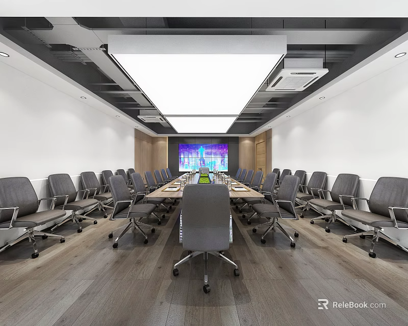 Modern Conference Room With Long Table Multiple Gray Chairs And Projector Screen 3d model 