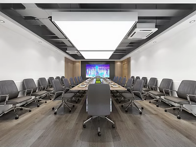 Modern Conference Room With Long Table Multiple Gray Chairs And Projector Screen 3d model