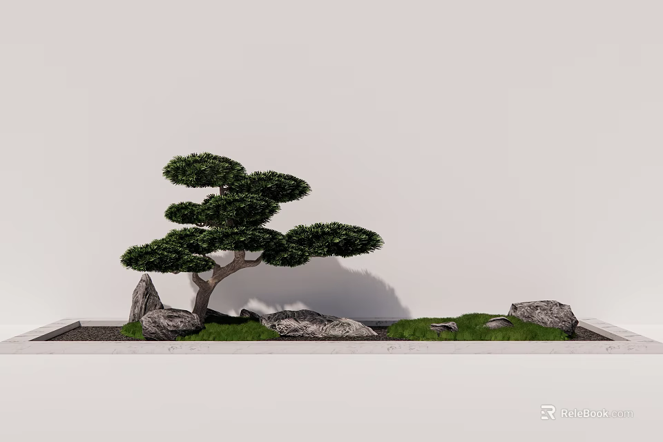Bonsai Tree Garden Ornament with Rocks and Grass in Rectangular Container Against White Wall 3d model