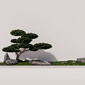Bonsai Tree Garden Ornament with Rocks and Grass in Rectangular Container Against White Wall 3d model