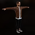Man In Brown Leather Jacket White Inner Shirt Black Pants Arms Outstretched On Black Background