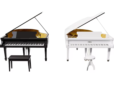 Black And White Grand Pianos With Matching Stools For Musical Practice Spaces 3d model