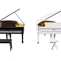 Black And White Grand Pianos With Matching Stools For Musical Practice Spaces