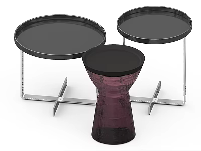 Three Modern Round Coffee Tables with Black Tabletops and Unique Metal Base Designs 3d model