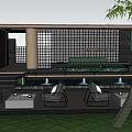 Outdoor Pergola with Comfortable Seating Greenery Water Features and Building View
