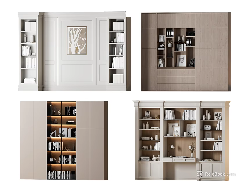 Various Modern Bookcase Designs With Tiered Shelves Storage And Decorative Pieces 3d model 