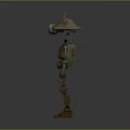 Metallic Robot With Large Hat Shaped Head Blue Sphere Antenna And Mechanical Limbs