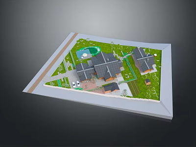 Cartoon Scene of Charming Residential Area with Houses Green Lawns Roads and Central Pond 3d model