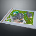 Cartoon Scene of Charming Residential Area with Houses Green Lawns Roads and Central Pond