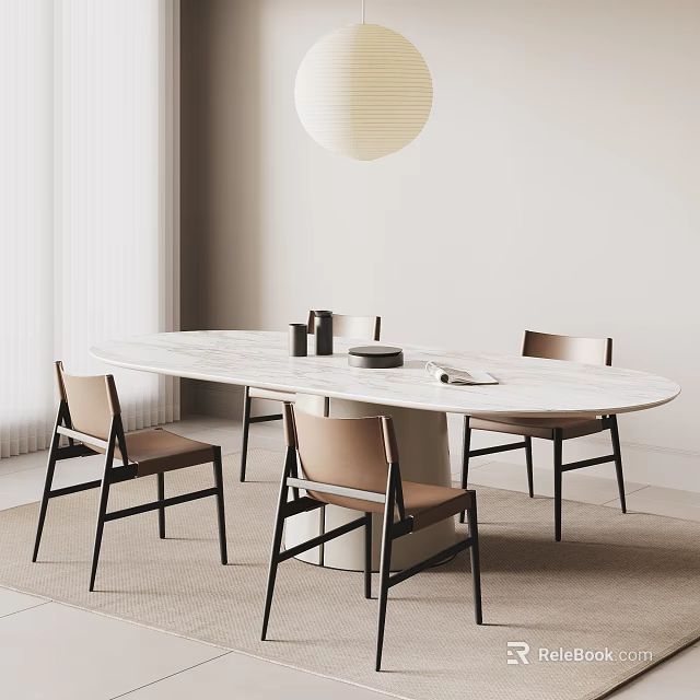 Elegant Modern Oval Dining Table Set With Marble Top Brown Chairs And White Pendant Light 3d model 