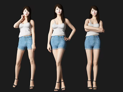 Women Wearing White Tank Top Blue Denim Shorts And Black High Heels In Different Poses 3d model
