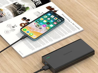 Smartphone Charging With Portable Power Bank On Magazine And Wooden Desk 3d model