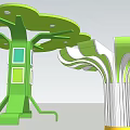 Unique Green Decorative Columns With Tree Like Structure Fan Shaped Tops And Square Panels 3d model